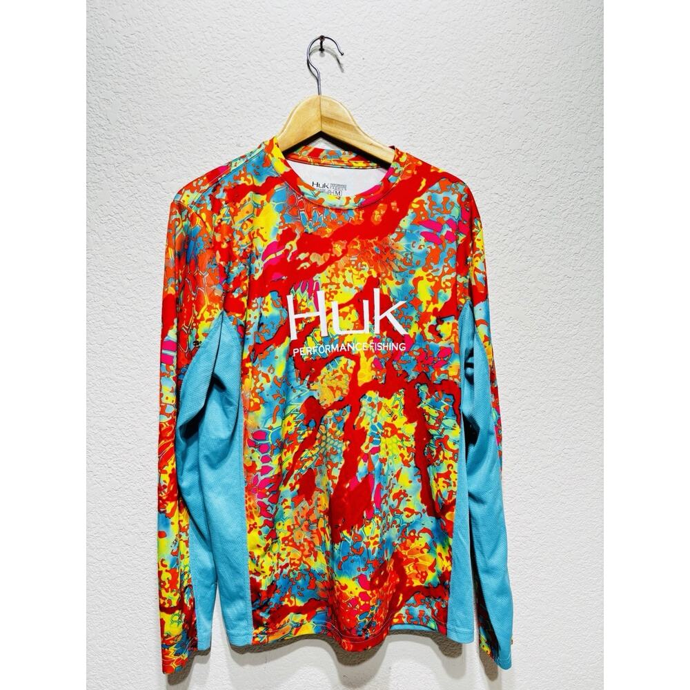 HUK Mens Medium Long Sleeve Performance Fishing Shirt Blue Splatter All Over